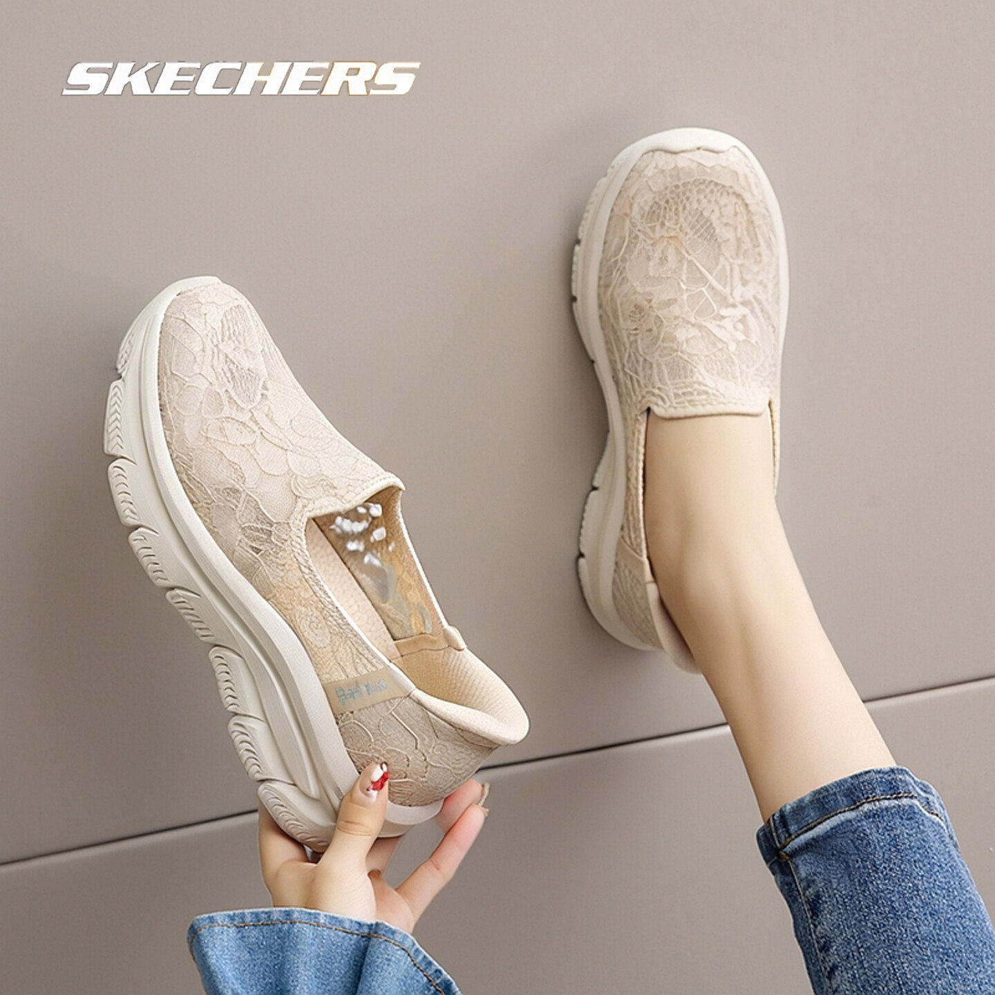 斯凯奇闪穿鞋透气蕾丝镂空女鞋浅口鞋休闲厚底运动鞋158858-NAT