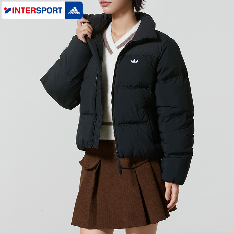 阿迪达斯短款立领羽绒服女2025冬季运动服宽松保暖加厚外套KC2659