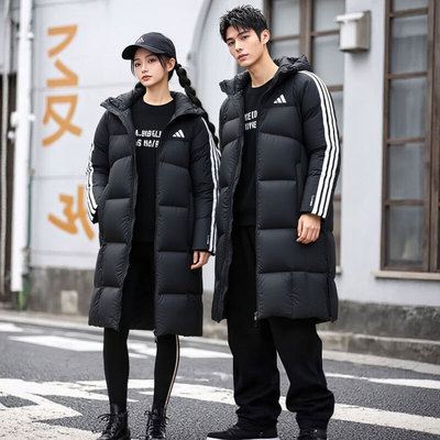 阿迪达斯长款羽绒服外套男女冬季新款情侣黑色连帽运动外套KC2498