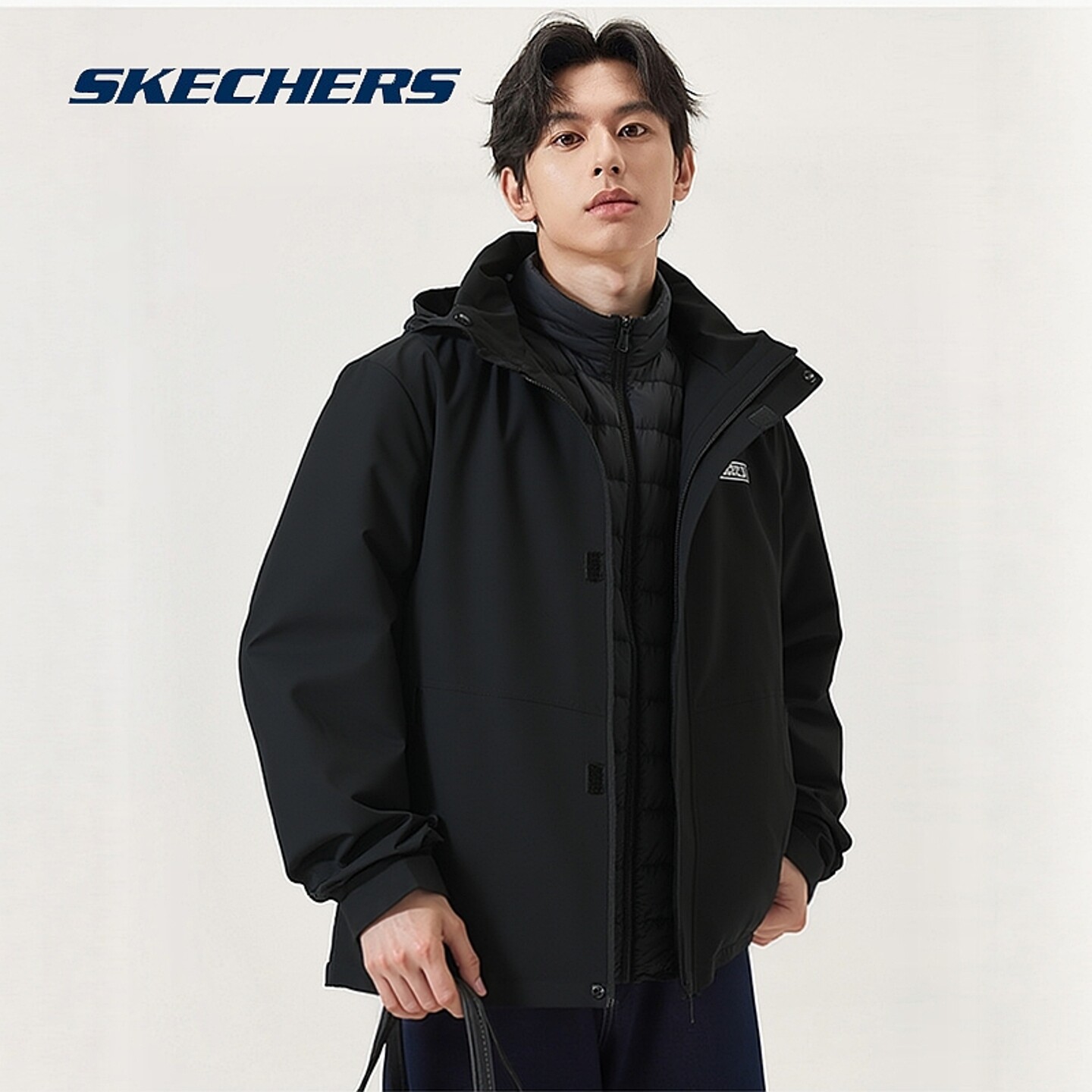 斯凯奇冲锋式外套秋冬男装官方正品新款黑色防水男款户外运动服