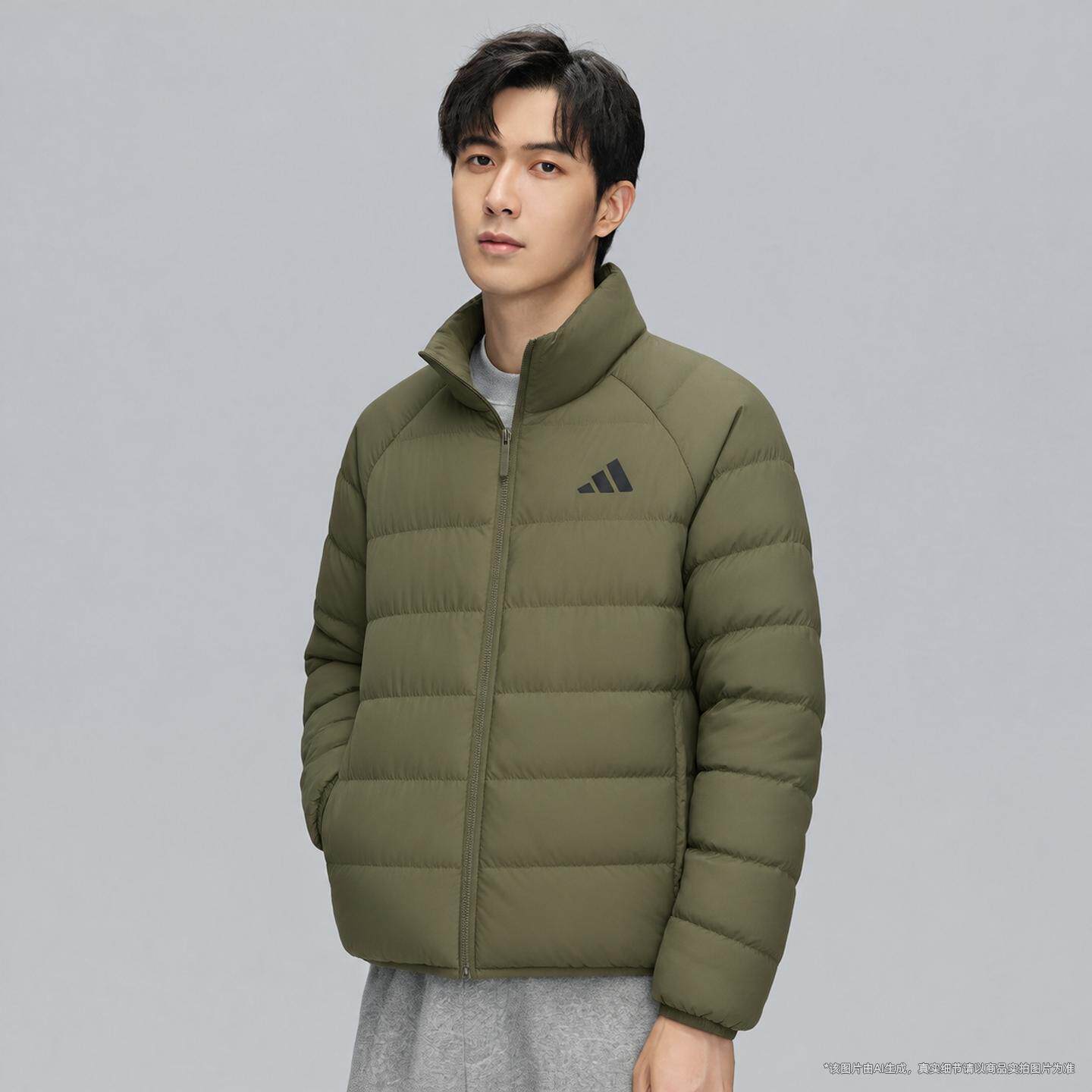 阿迪达斯排骨服棉服男装冬季新款运动棉衣男士立领军绿色保暖外套