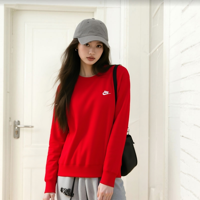 耐克nike衣服女款红色套头衫2025新年款圆领运动休闲卫衣潮FN3889
