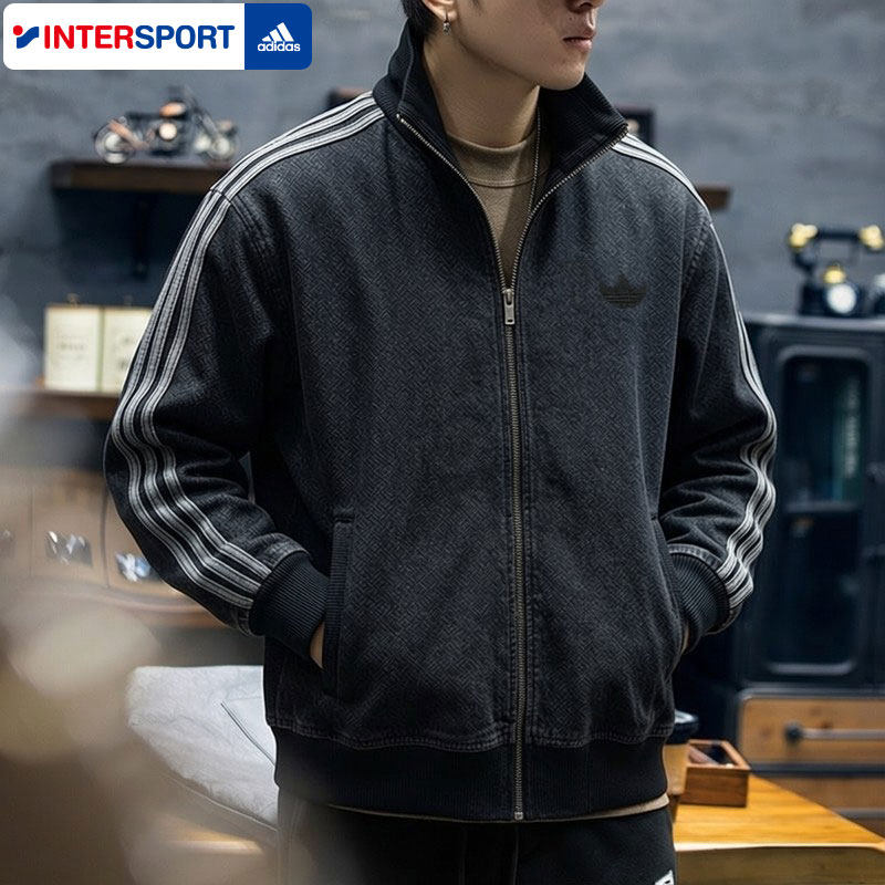 阿迪达斯三叶草牛仔外套男装春季新款运动服黑灰色立领休闲夹克男