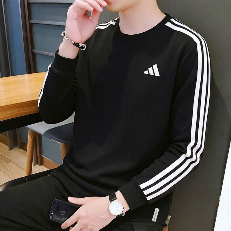 阿迪达斯长袖T恤男装2026秋季新款运动服黑色圆领套头衫纯棉上衣