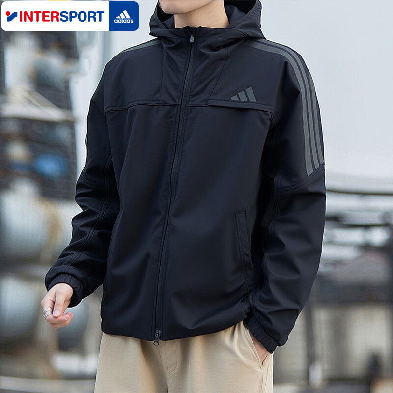 阿迪达斯加绒外套男士梭织夹克官方正品运动服新款黑色开衫上衣男