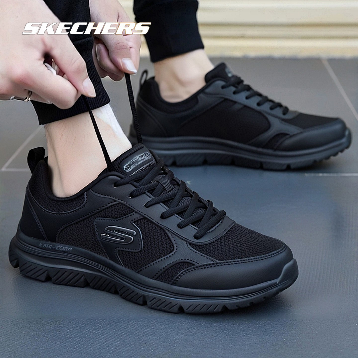 斯凯奇旗舰店男鞋冬季新款黑武士跑步鞋网面透气休闲鞋男士运动鞋