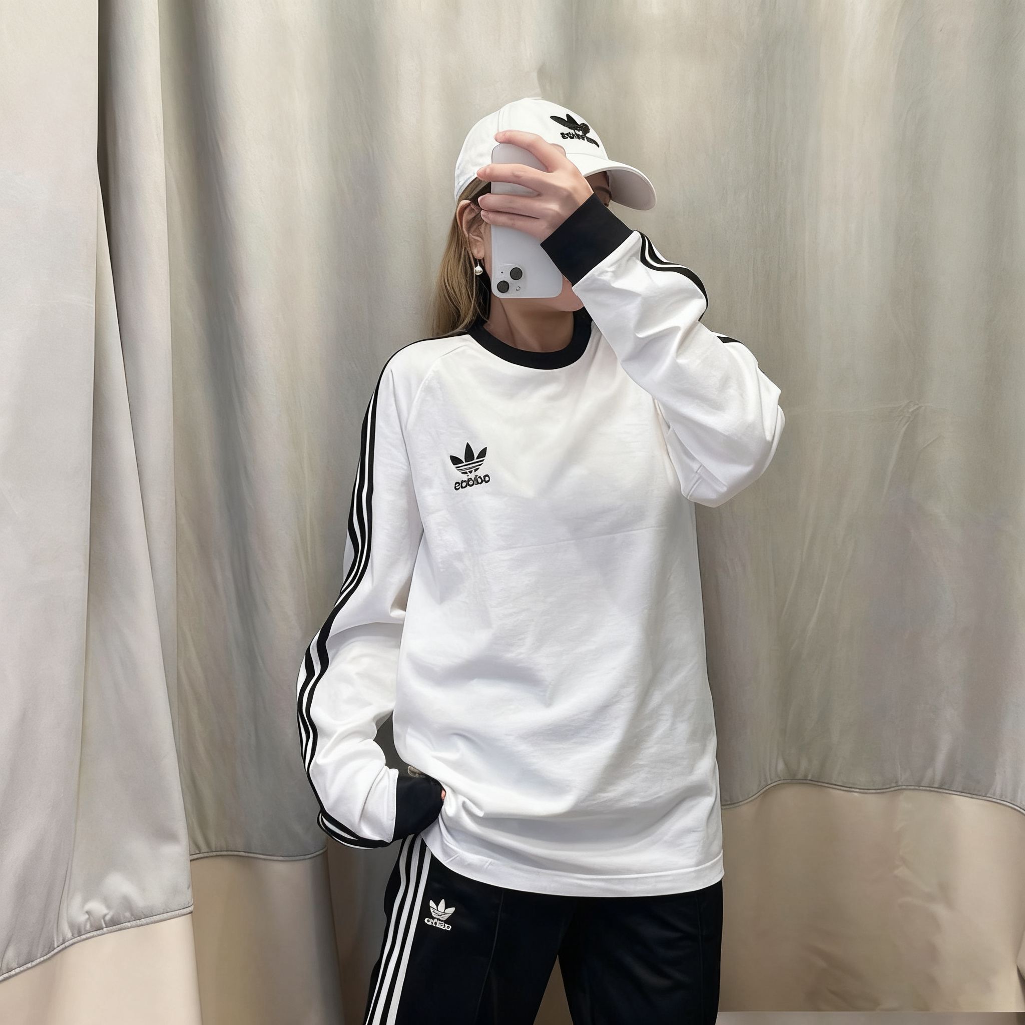 阿迪达斯三叶草男装纯棉跑步训练运动服白色男休闲长袖T恤IA4879