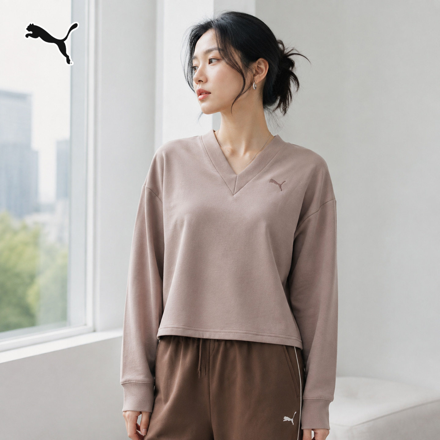 茵特丨Puma彪马官方旗舰女装V领卫衣亲肤舒适运动休闲跑步套头衫