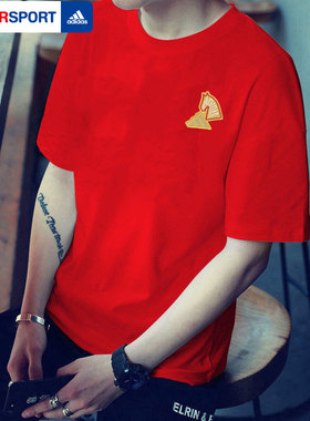 阿迪达斯男装红色短袖马年新年款半袖跑步透气休闲运动T恤KR3078