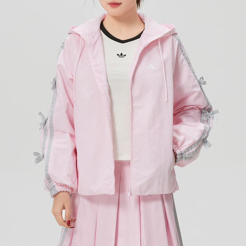 阿迪达斯粉色外套女春季新款舞动蝴蝶结运动服连帽休闲夹克KR7603