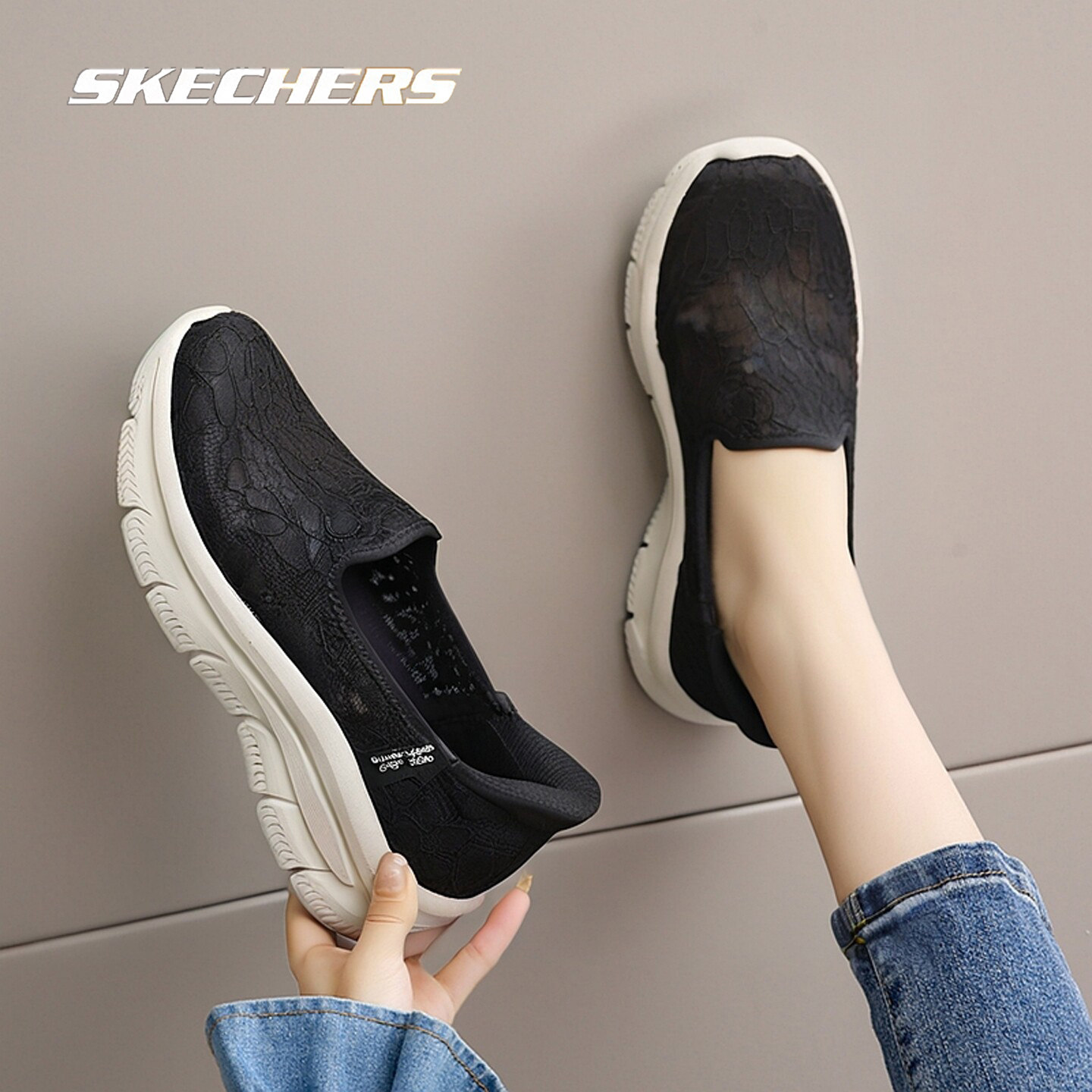 斯凯奇闪穿鞋透气蕾丝镂空女鞋浅口鞋休闲厚底运动鞋158858-BLK