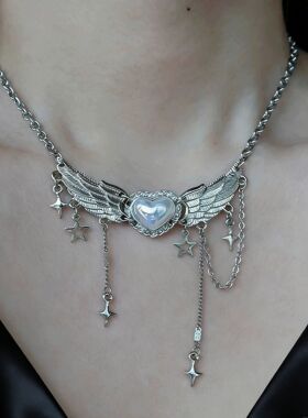 甜酷辣妹小众天使之翼爱心项链哥特朋克个性十字架流苏锁骨链配饰