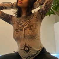 辣妹亞文化龍紋骷髏暗黑朋克美式紋身透視網(wǎng)紗性感上衣打底衫長袖