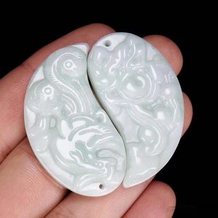 玉佩一人一半翡翠玉吊坠太极龙凤配情侣款男女项链一对缅甸玉对坠