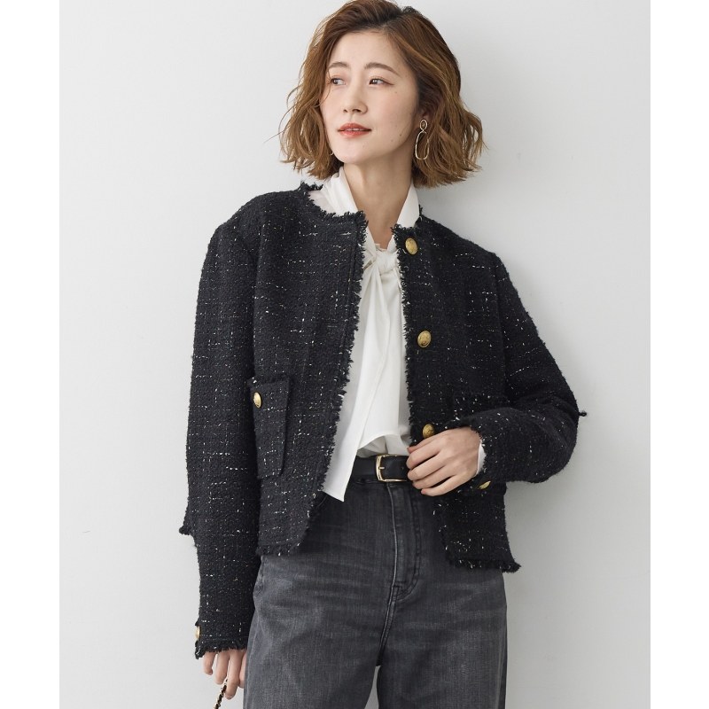 23区时尚优雅气质适宜GIOLICA粗花呢无领纽扣夹克外套女ONWARD