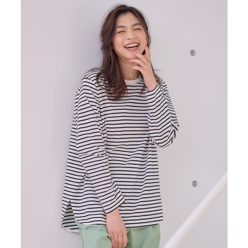 any FAM 日系休闲简约气质适宜条纹长袖上衣T恤女慵懒适宜ONWARD