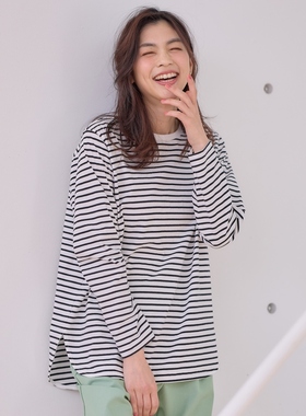 any FAM 日系休闲简约气质适宜条纹长袖上衣T恤女慵懒适宜ONWARD