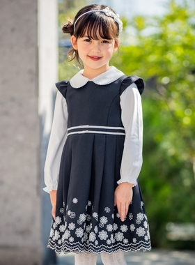 any FAM KIDS甜美可爱花朵刺绣圆领连衣裙女童连衣裙深蓝色米色