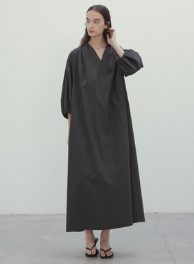 BEIGE，时尚通勤小众可水洗MALLOW棉质泡泡袖长款连衣裙女ONWARD