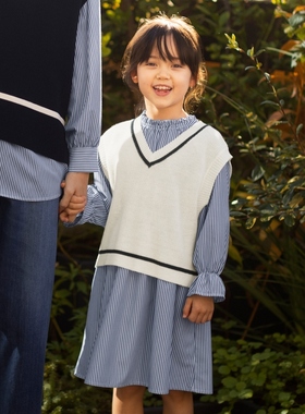 any FAM KIDS时尚精致穿搭针织马甲 × 连衣裙女童套装格子藏蓝色