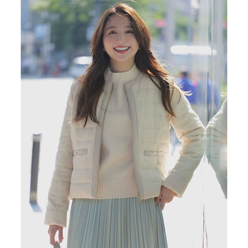 ANY SIS温柔简约气质时尚可水洗双面粗花呢无领羽绒夹克女ONWARD