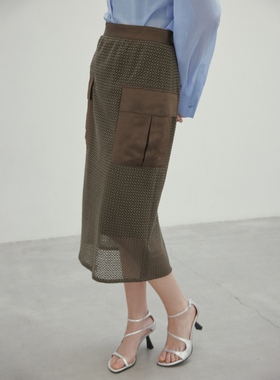 BEIGE，时尚通勤NIGELLA异材质混合棉蕾丝大口袋半身裙女ONWARD