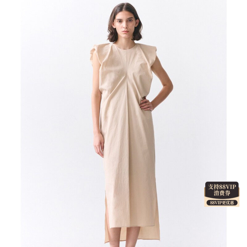 BEIGE,时尚高智感优雅MALLOW棉质褶饰泡泡袖连衣裙女ONWARD