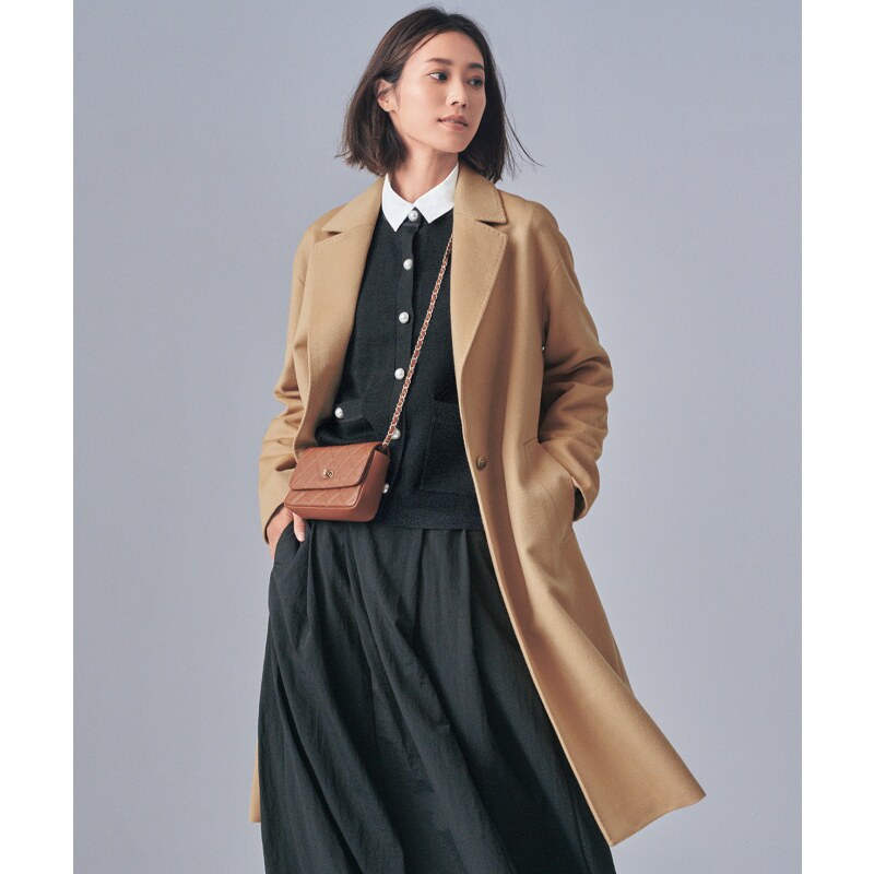 23区质感羊毛羊绒混纺女士中长款西装领外套大衣米色驼色日系轻奢