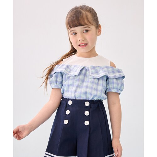 暂时any FAM KIDS时尚可爱适宜甜美格纹露肩衬衫女童ONWARD