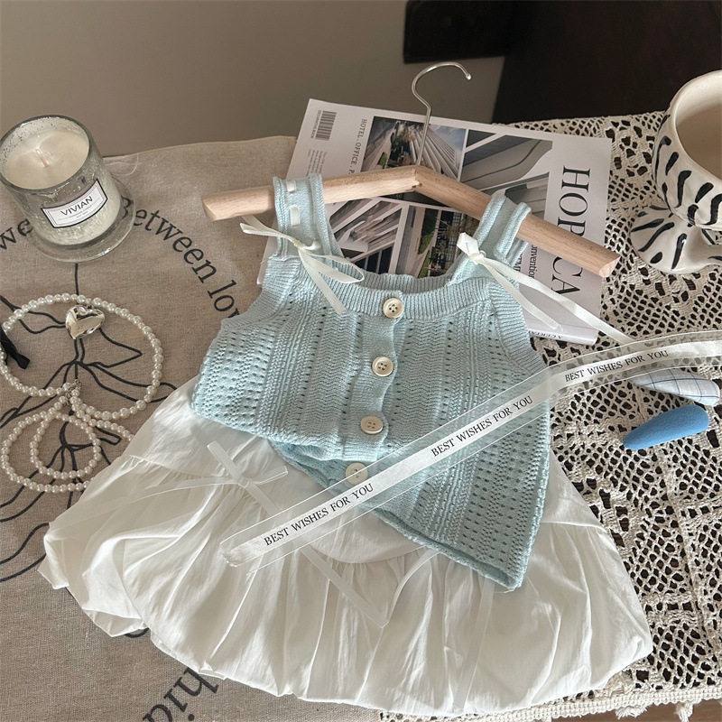 韩版童装2026新款夏季女童镂空针织背心吊带儿童洋气花苞裙两件套