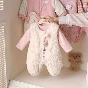 女童套装秋冬装连体衣背带裤超萌冬季婴儿衣服加厚宝宝爬服加绒