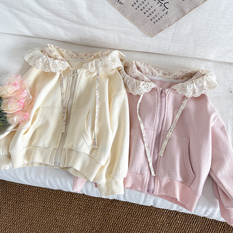 女童韩版外套2026新款儿童春秋田园可爱百搭带帽蕾丝边针织卫衣