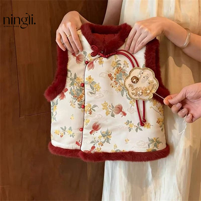 柠里女童新中式马甲夹棉加厚冬装拜年服儿童中国风背心女宝宝衣服