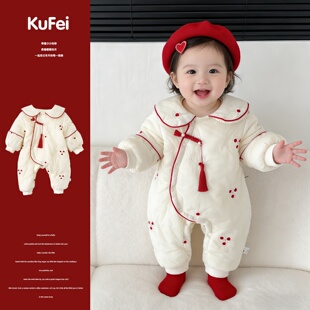 冬季新款婴幼儿夹棉加绒刺绣花朵年服连体衣新生儿新中式过年衣服