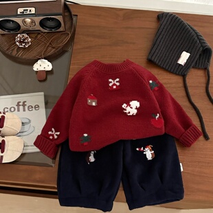 儿童喜庆红色加厚毛衣秋冬季男女宝宝洋气刺绣套头针织衫百搭上衣