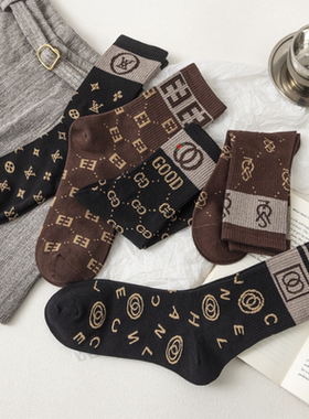 秋冬新款黑色字母运动潮牌长袜高筒袜女潮流ing中筒袜子女5双装