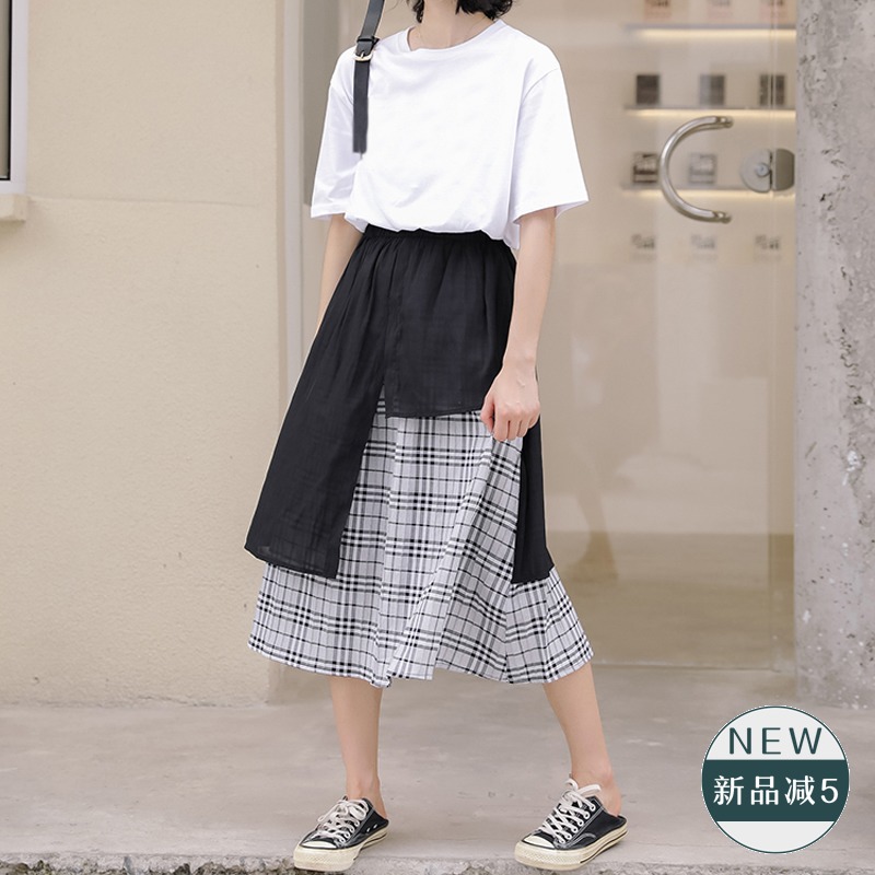 黑色不规则a字半身裙女气质显瘦松紧高腰拼接复古格子桔梗裙学生假一赔三