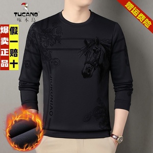 啄木鸟男装潮2025长袖t恤秋冬新款圆领打底衫加绒加厚上衣服卫衣