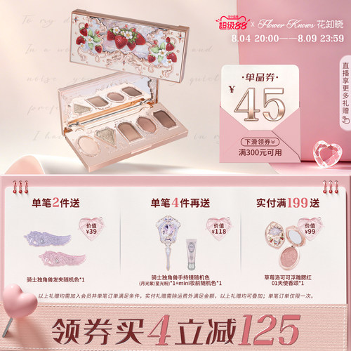 【满300减45】花知晓草莓洛可可五色眼影盘清冷眼影大地色哑珠光
