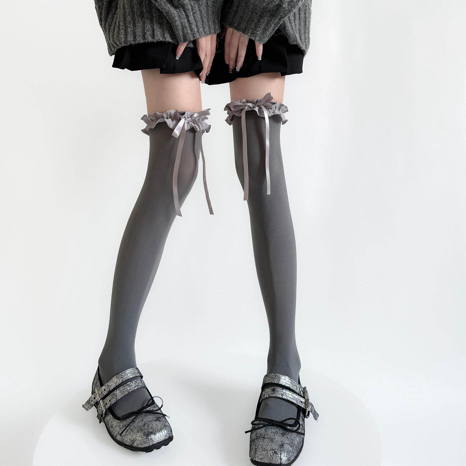 甜美lolita花边丝带蝴蝶结高筒袜秋季灰色天鹅绒弹力过膝大腿袜女,女士内衣/男士内衣/家居服,长筒袜,淘宝优惠券,粉丝福利购,淘宝优惠卷