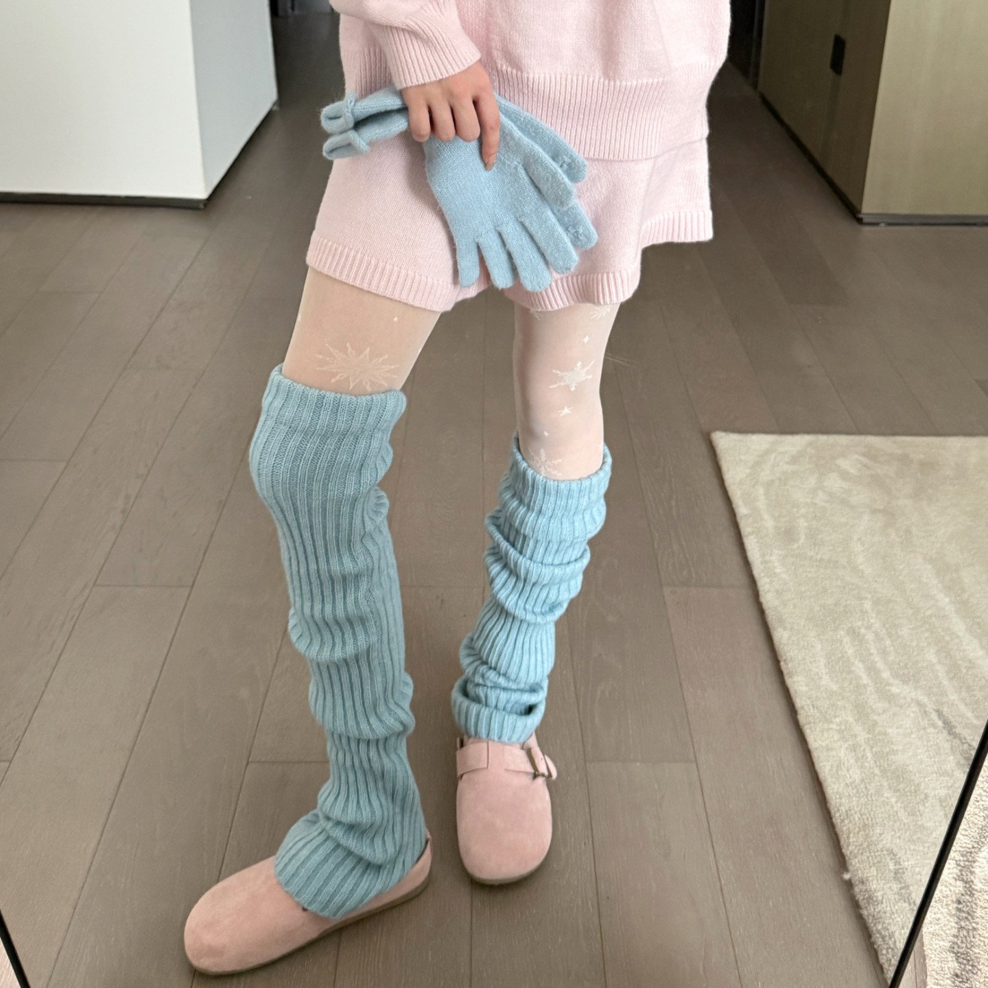 浪漫雪花费尔岛天蓝色针织长筒腿套甜美显瘦叠穿白色丝袜堆堆袜套