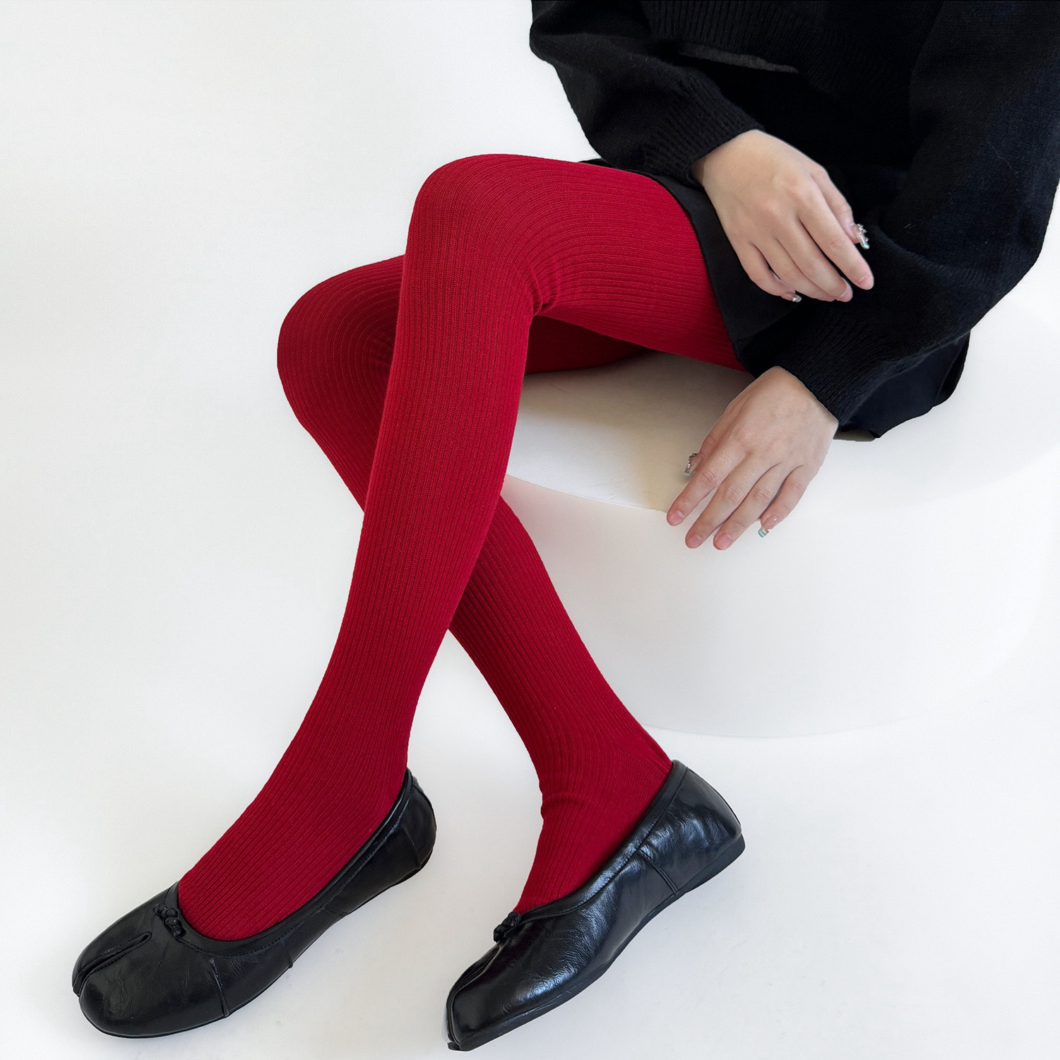 安可拉红色棉质分趾打底连裤袜