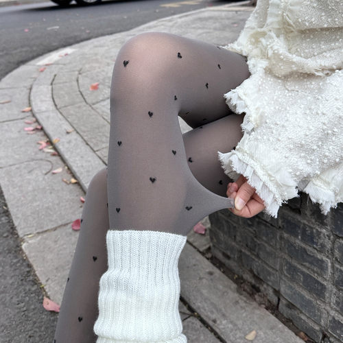 灰色底爱心织花弹力美腿袜