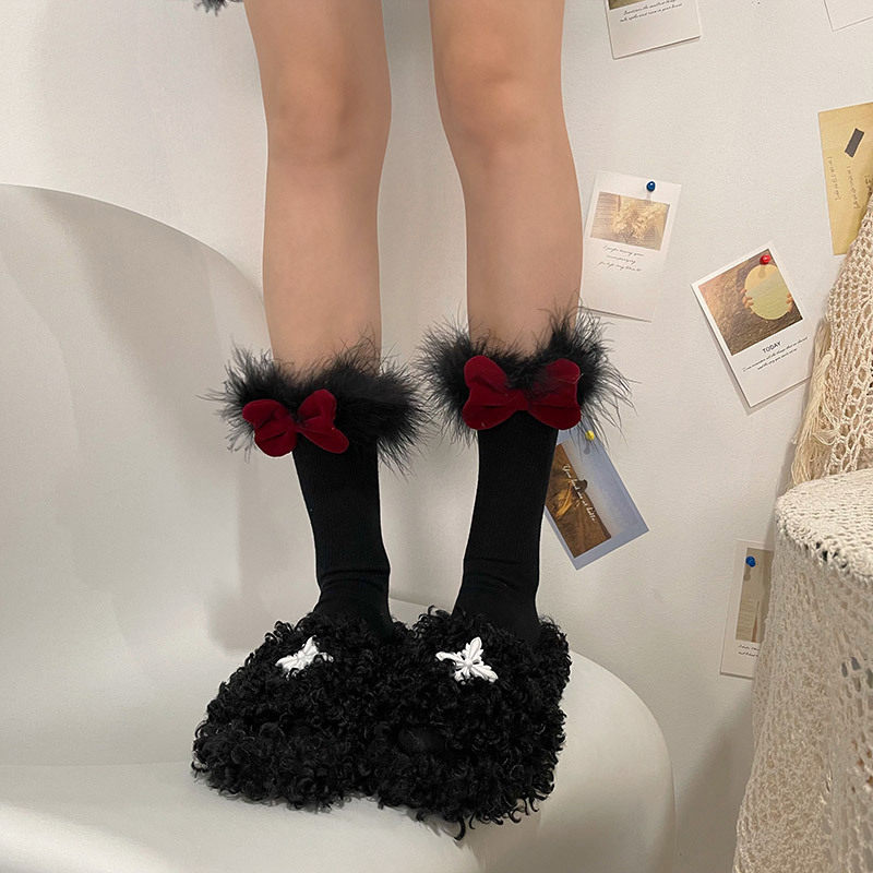 红色圣诞日系可爱植绒蝴蝶结羽毛少女软妹学生中筒袜小短袜堆堆袜,女士内衣/男士内衣/家居服,短袜,淘宝优惠券,粉丝福利购,淘宝优惠卷