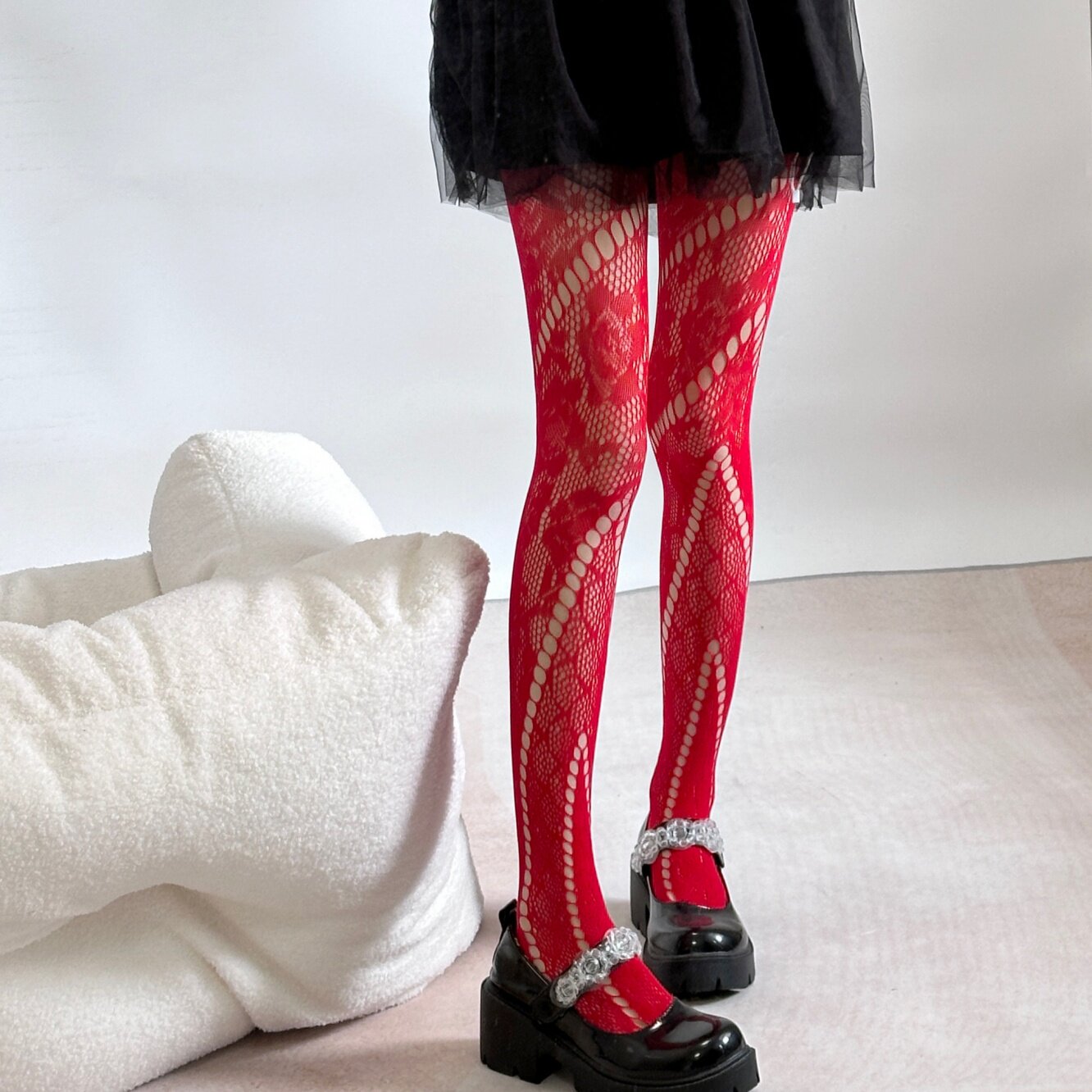 夜店女王圣诞大红色镂空花朵渔网袜性感辣妹蹦迪制服镂空连裤袜女