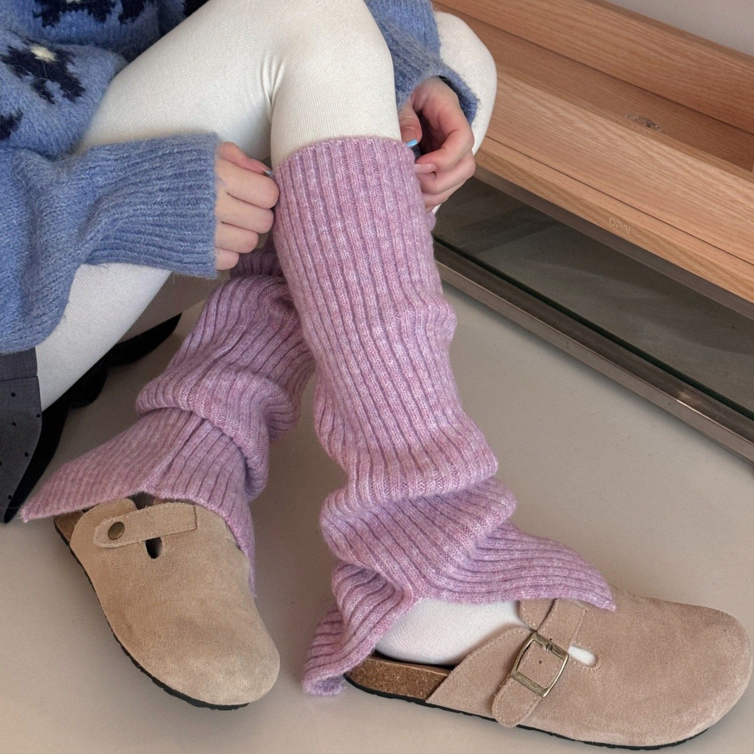 韩系轻亚风软糯护腿针织保暖袜套开叉设计彩色堆堆袜腿套叠穿裤袜