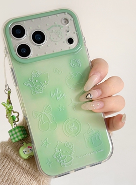 可爱绿色小清新卡通HelloKitty线条巨好看小众适用苹果iPhone17promax绿色硅胶手机壳16promax/15pro保护套女