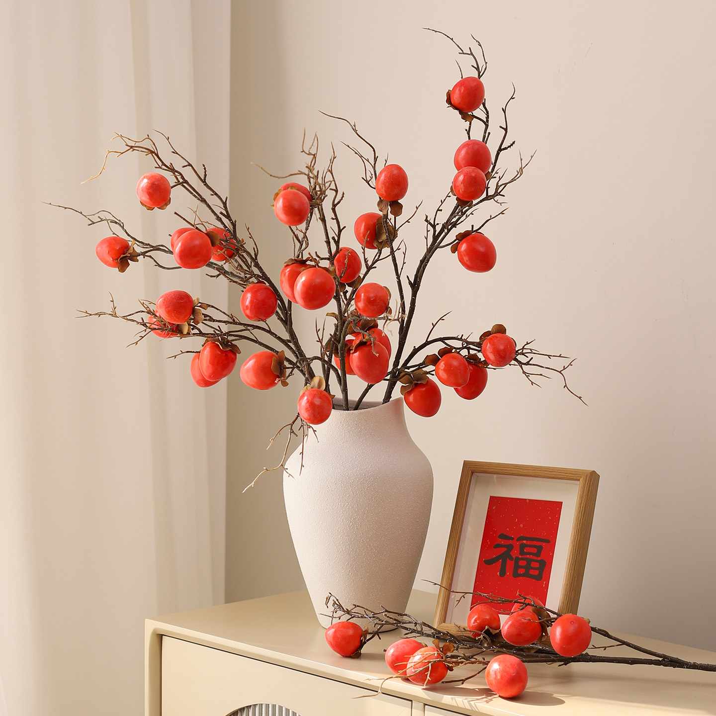 中式插花仿真柿子果实假花新春