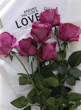 单支紫色手感保湿玫瑰仿真花欧式花束假花装饰花客厅餐桌插花摆件