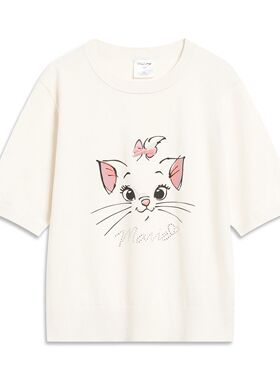 李宁X迪尼士玛丽猫短袖女士2023夏季新款修身套头衫T恤AMBT116#